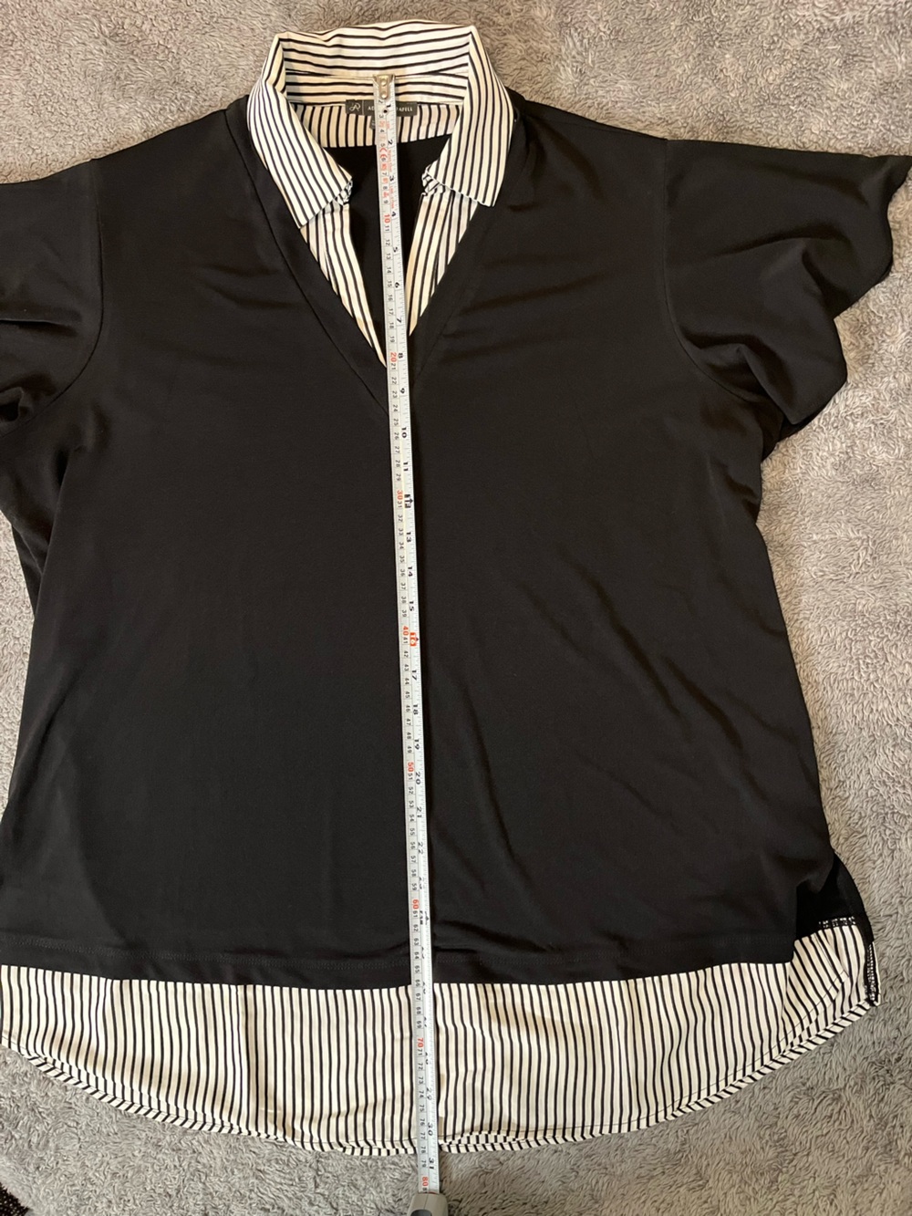 Adrianna Papell Black Layered-Look Short Sleeve Shirt White Pinstriped Collar - Picture 7 of 7